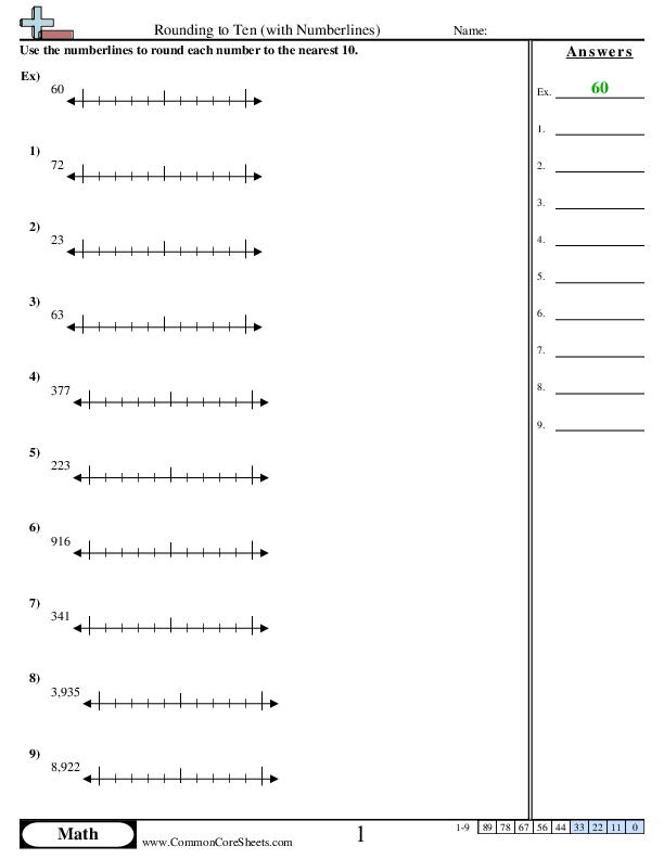 Rounding to Tens with Numberline worksheet